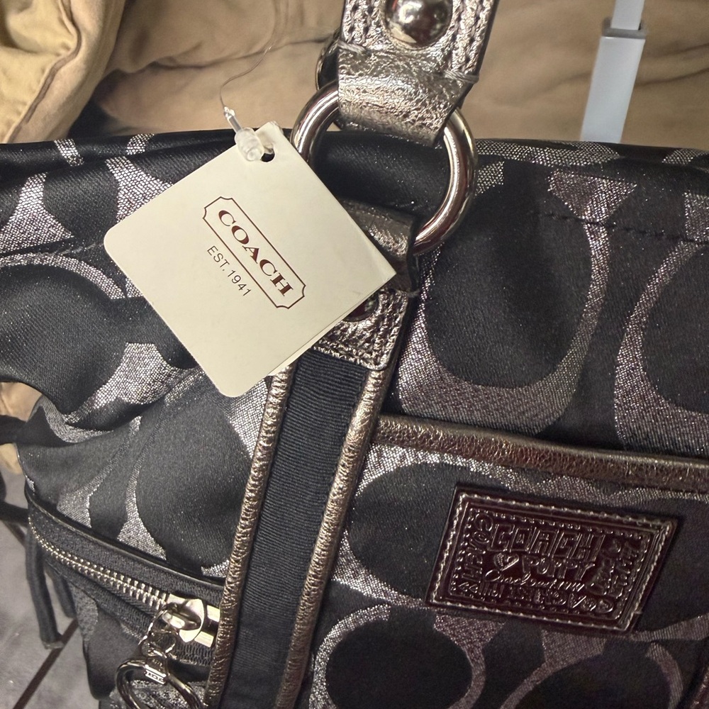 Coach Poppy Black & Silver Metallic Leather & Lurex Tote F14434 NWT - Picture 3 of 6